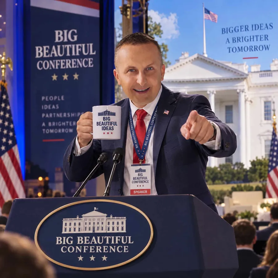 AI-generated: speaking at the podium, Big Beautiful Conference