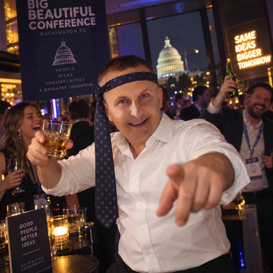 AI-generated: conference afterparty, raising a glass